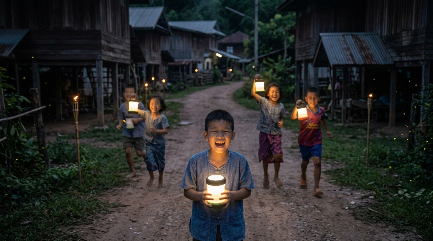 A street scene in a community served by solar lighting